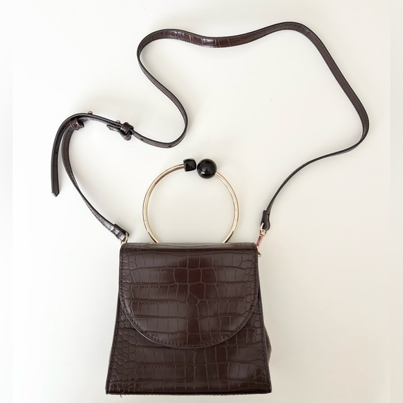 Mango Handbags - Mango Rigid handle faux crocodile skin bag brown chocolate brown dark